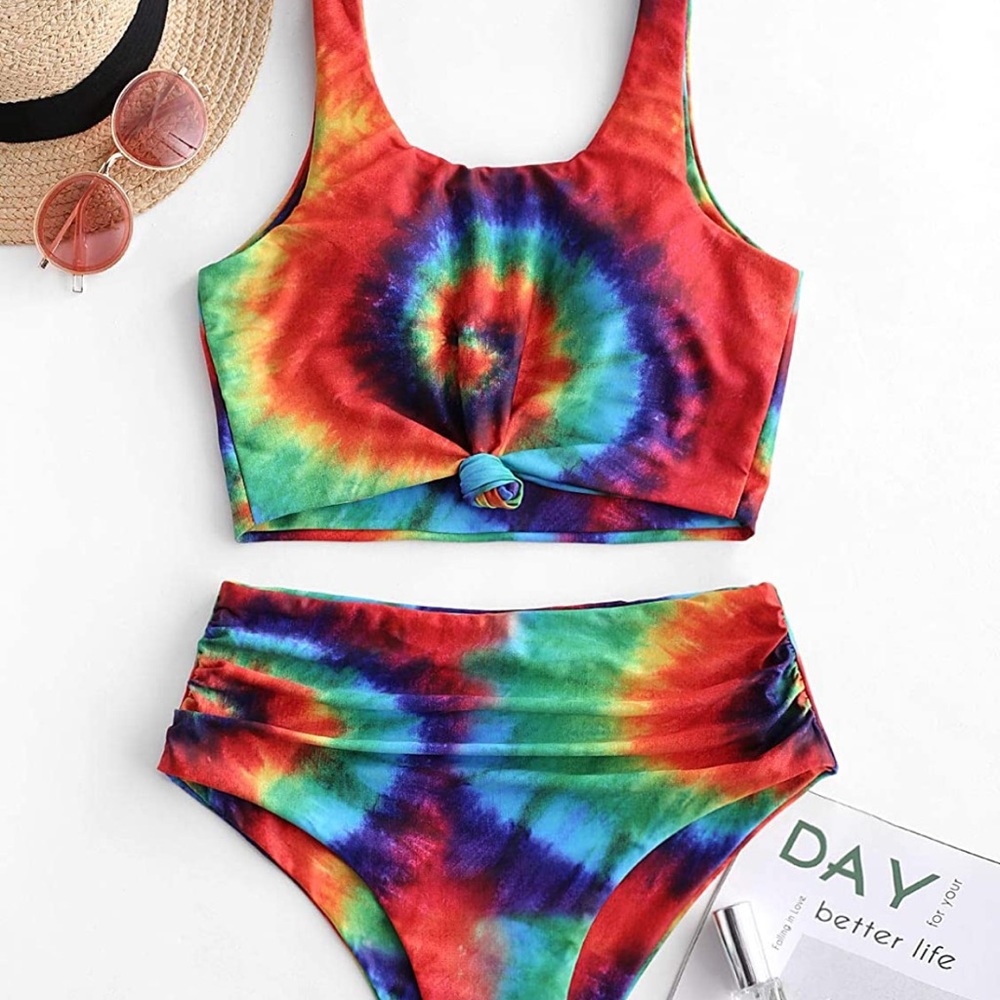 ZAFUL Knot Scoop Neck Bikini Set Ruched High Waisted Two Piece Swimsuits Tankini